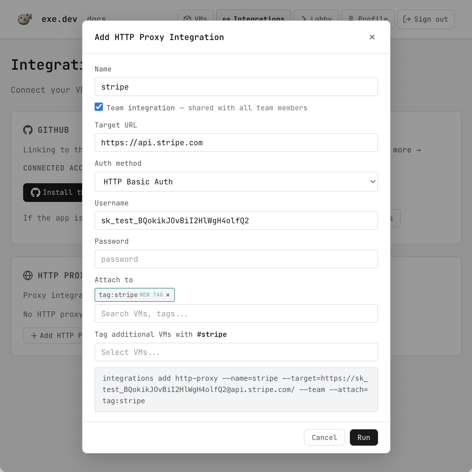 A screenshot of setting up an HTTP integration in exe.dev